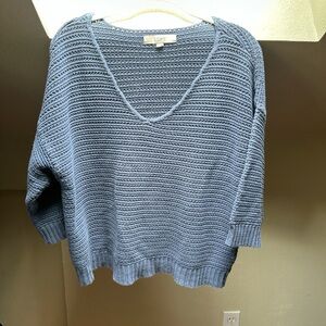 LOFT Blue V-Neck Sweater with Ribbed Texture